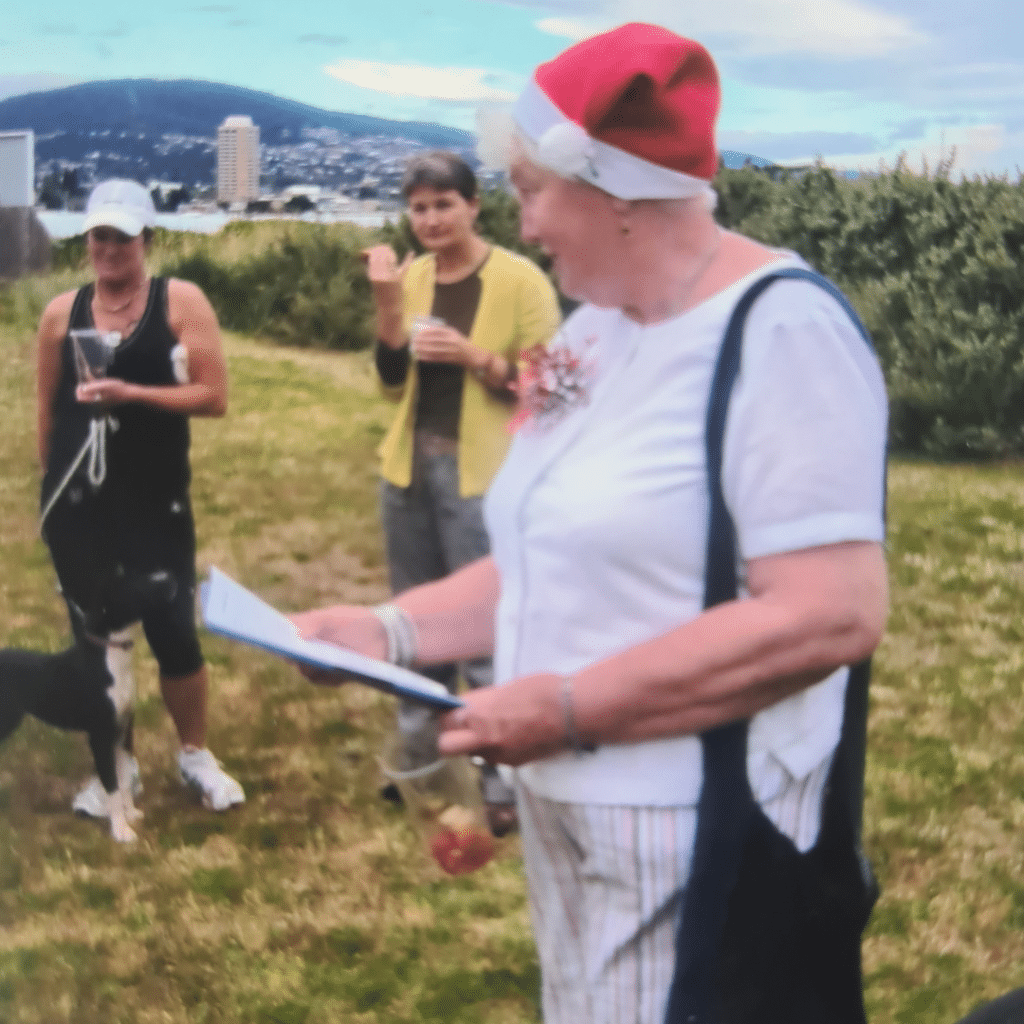 Margaret reading a jingle at Nutgrove Beach many years ago