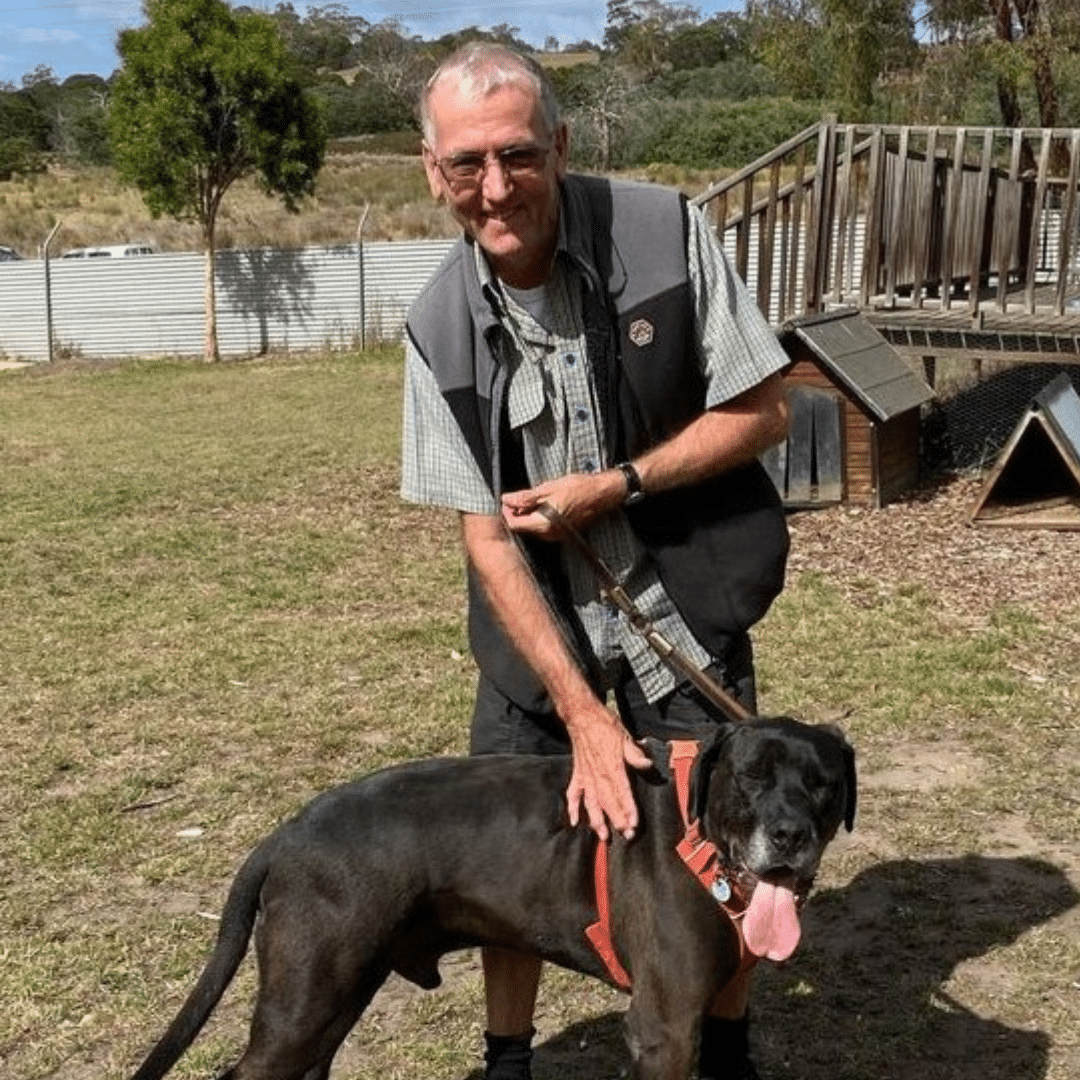 Volunteer and foster carer Hans with Bobo at the Hobart Dogs' Home